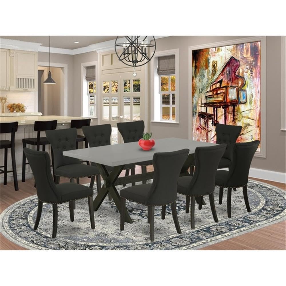 East West Furniture X697Ga124-9 9 Piece Dining Room Set Includes A Rectangle Kitchen Table With X-Legs And 8 Black Linen Fabric Upholstered Parson Chairs, 40X72 Inch, Multi-Color